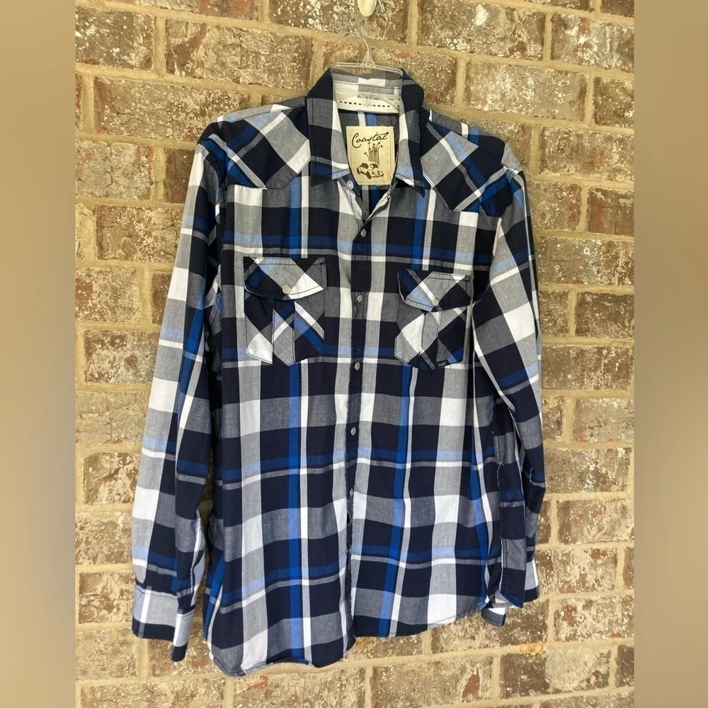 Coastal men’s pearl snap shirt size L blue & white plaid long sleeve Vintage